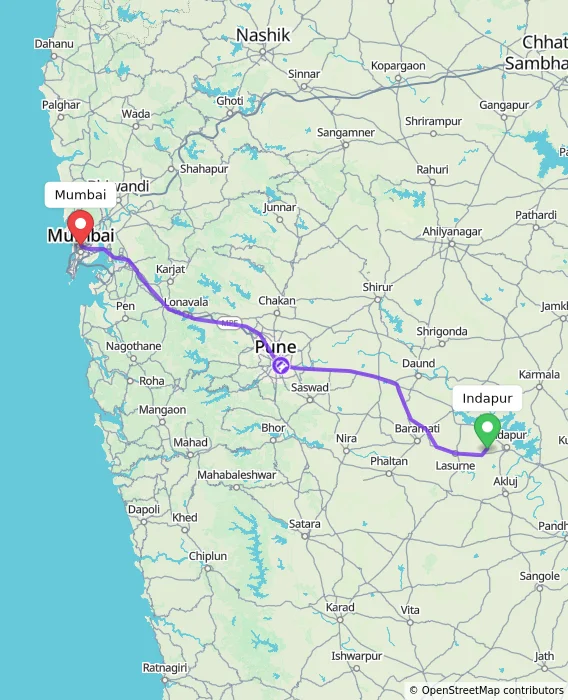 Route map showing distance and travel time from Indapur, India to Mumbai, India