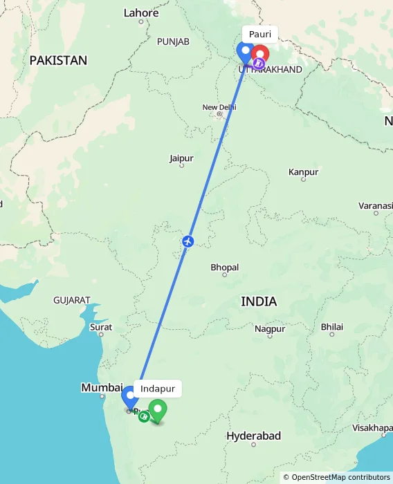 Route map showing distance and travel time from Indapur, India to Pauri, India