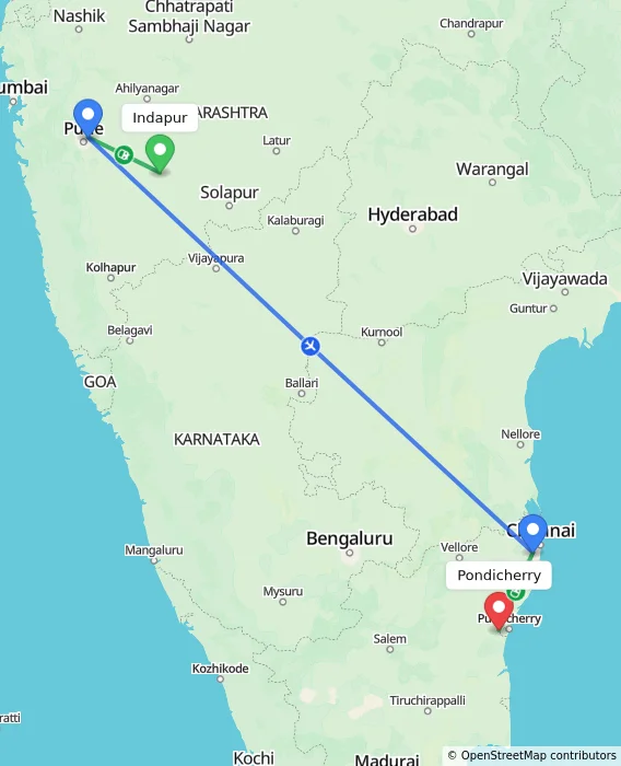 Route map showing distance and travel time from Indapur, India to Puducherry, India