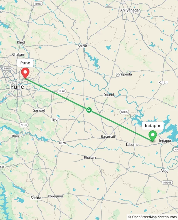 Route map showing distance and travel time from Indapur, India to Pune, India