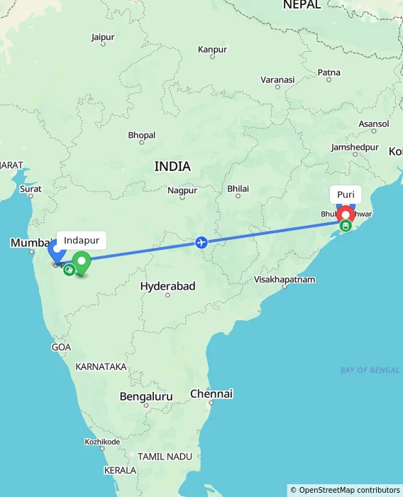 Route map showing distance and travel time from Indapur, India to Puri, India