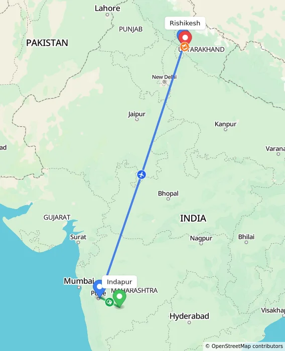 Route map showing distance and travel time from Indapur, India to Rishikesh, India