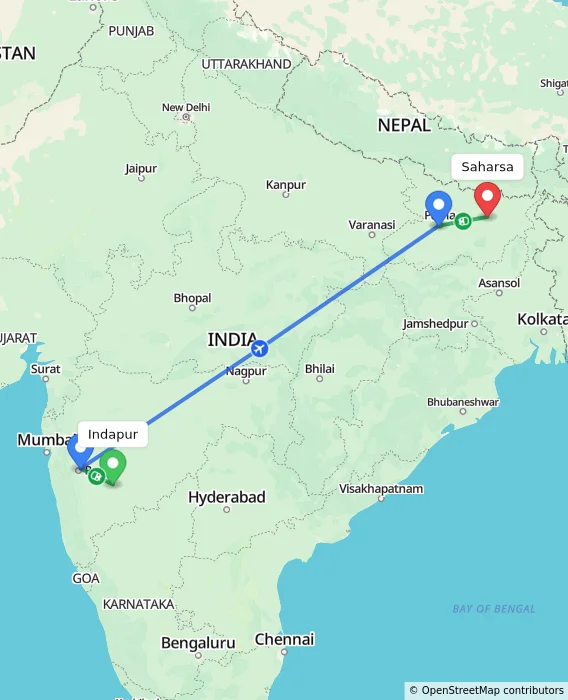 Route map showing distance and travel time from Indapur, India to Saharsa, India