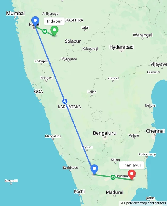 Route map showing distance and travel time from Indapur, India to Thanjavur, India