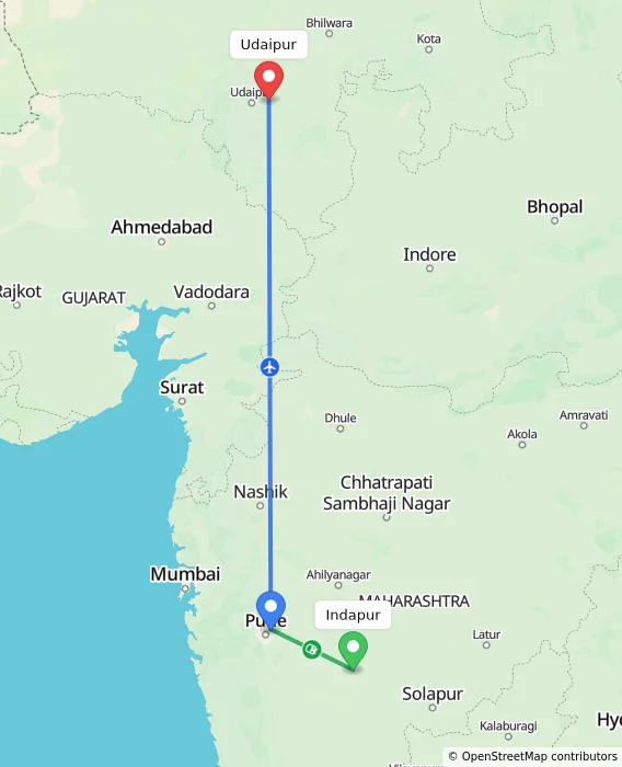 Route map showing distance and travel time from Indapur, India to Udaipur, India