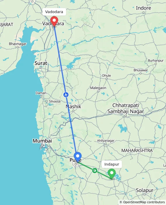 Route map showing distance and travel time from Indapur, India to Vadodara, India