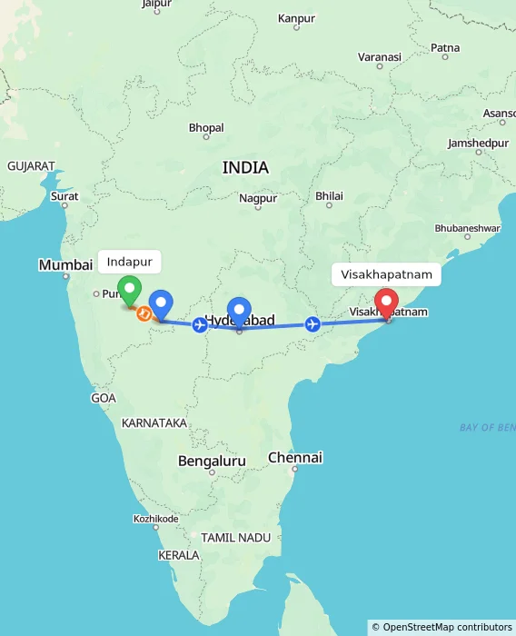 Route map showing distance and travel time from Indapur, India to Visakhapatnam, India