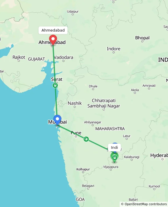 Route map showing distance and travel time from Indi, India to Ahmedabad, India