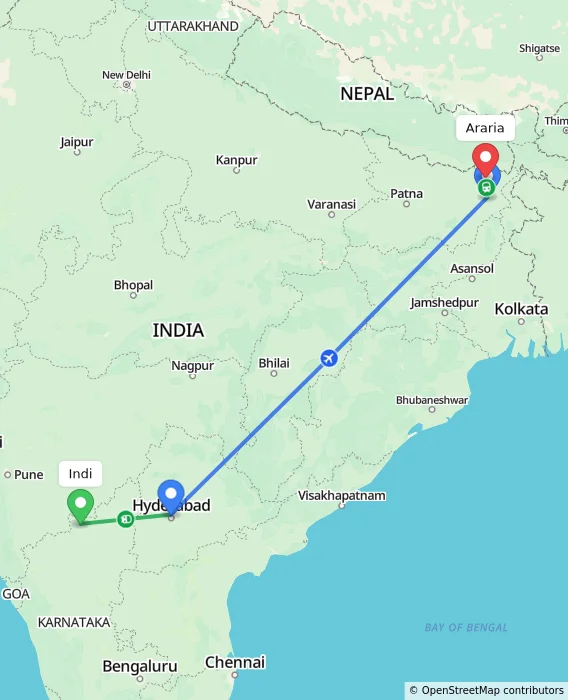 Route map showing distance and travel time from Indi, India to Araria, India