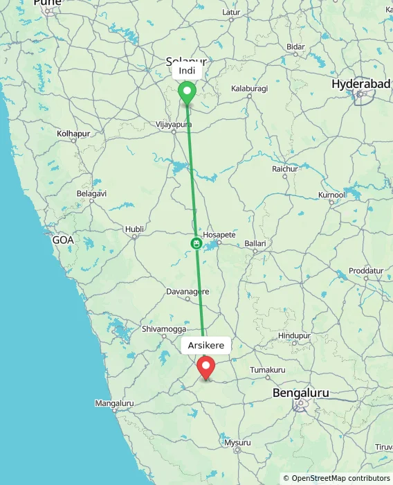 Route map showing distance and travel time from Indi, India to Arsikere, India