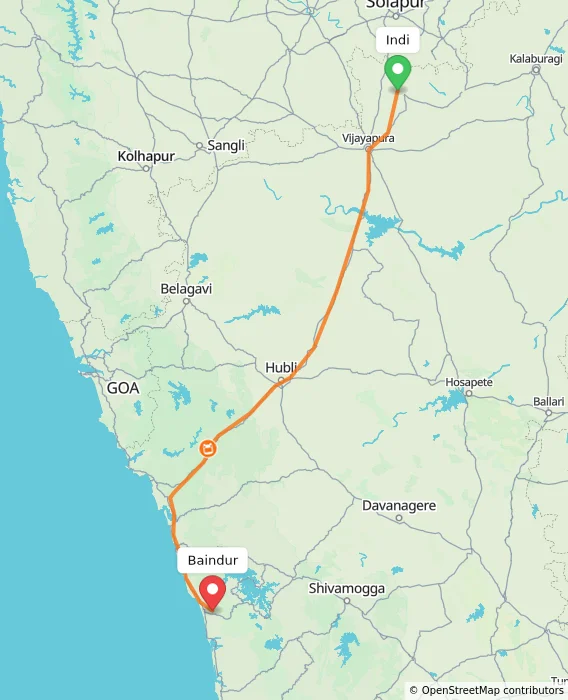 Route map showing distance and travel time from Indi, India to Baindur, India
