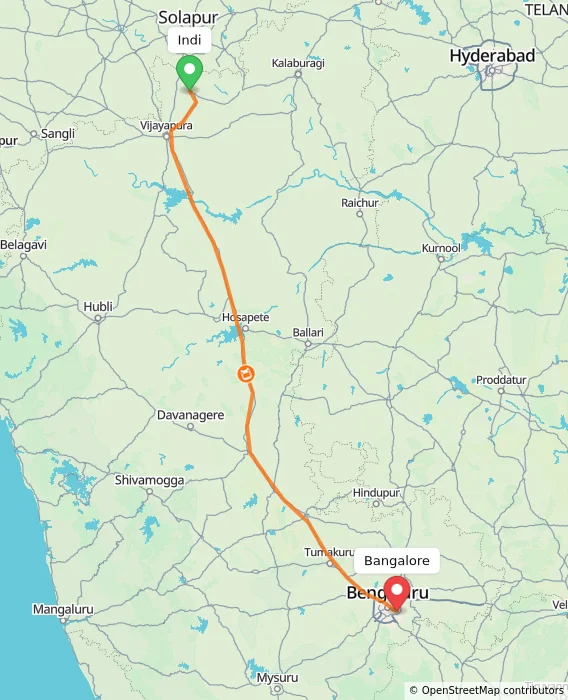 Route map showing distance and travel time from Indi, India to Bangalore, India