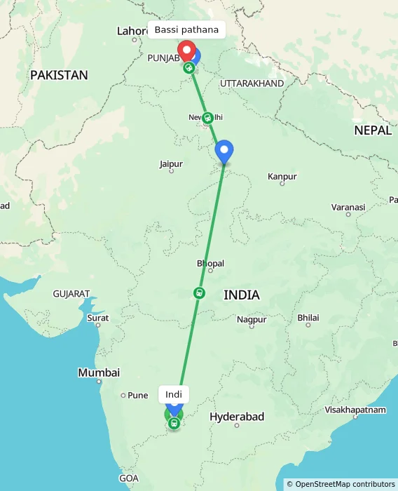 Route map showing distance and travel time from Indi, India to Bassi pathana, India