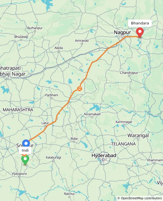 Route map showing distance and travel time from Indi, India to Bhandara, India