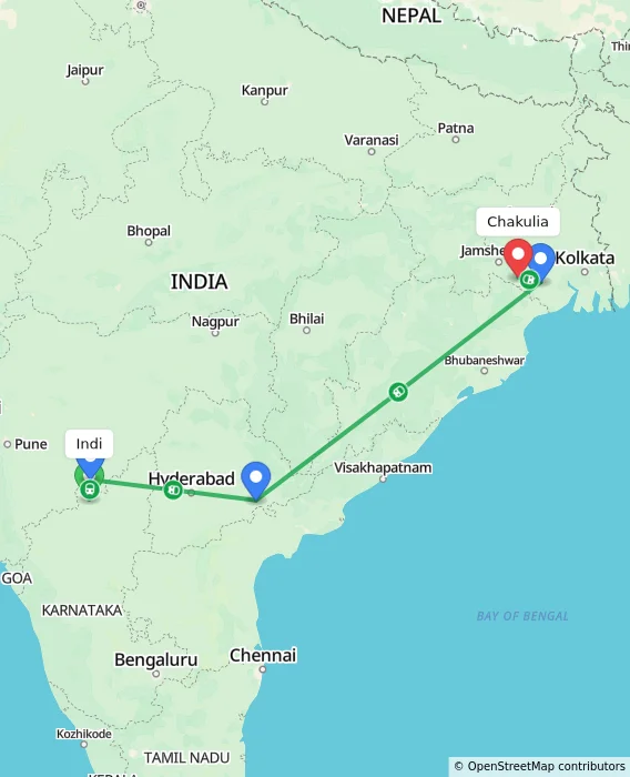 Route map showing distance and travel time from Indi, India to Chakulia, India