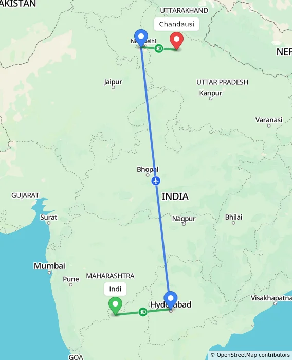 Route map showing distance and travel time from Indi, India to Chandausi, India