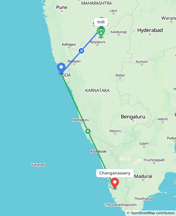 Route map showing distance and travel time from Indi, India to Changanassery, India