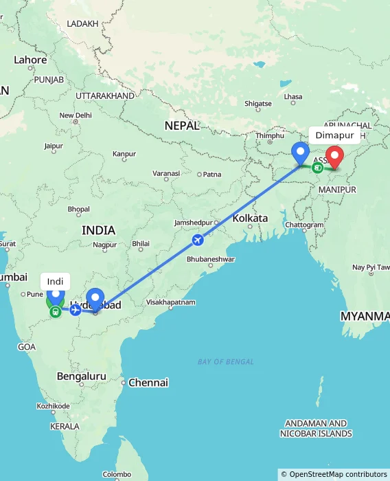 Route map showing distance and travel time from Indi, India to Dimapur, India