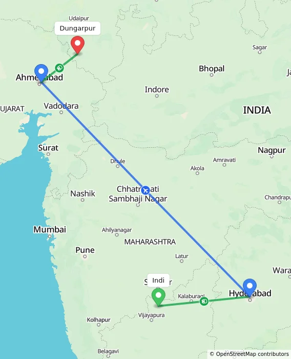 Route map showing distance and travel time from Indi, India to Dungarpur, India