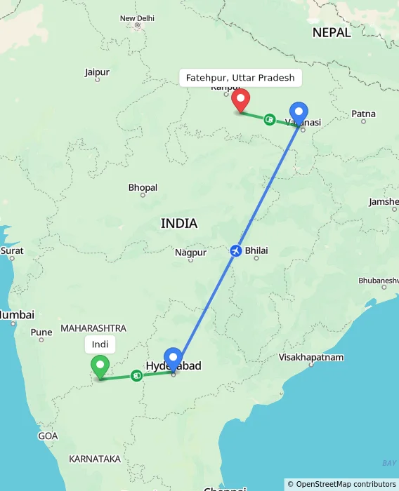 Route map showing distance and travel time from Indi, India to Fatehpur, Uttar Pradesh, India