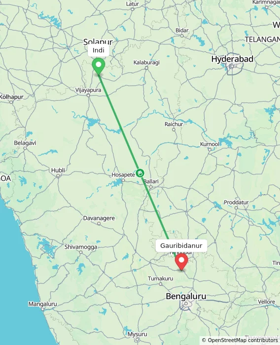 Route map showing distance and travel time from Indi, India to Gauribidanur, India