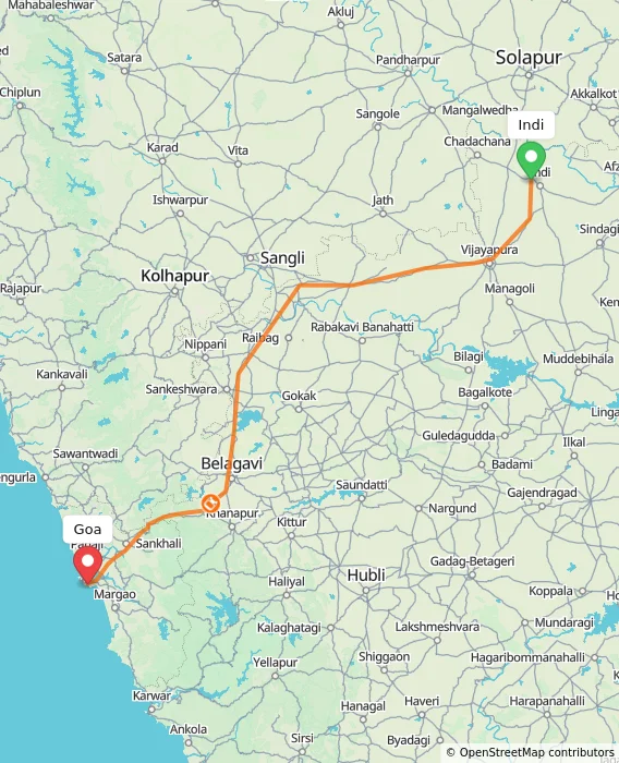 Route map showing distance and travel time from Indi, India to Goa, India