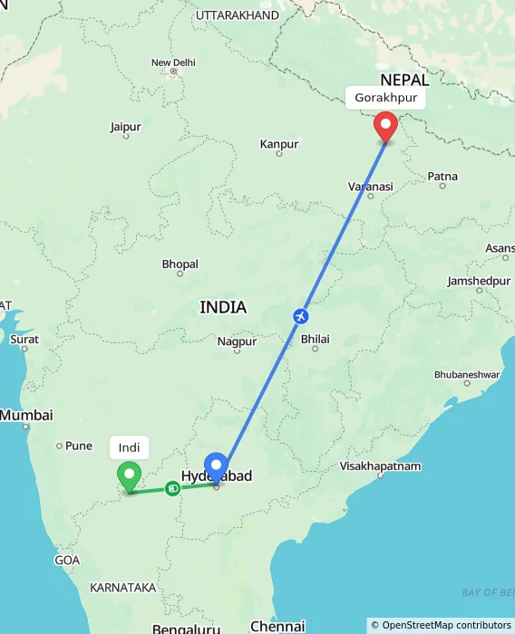Route map showing distance and travel time from Indi, India to Gorakhpur, India