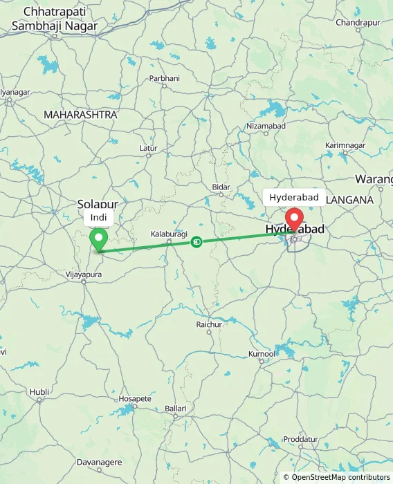 Route map showing distance and travel time from Indi, India to Hyderabad, India