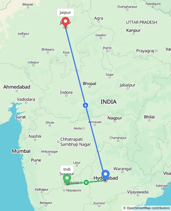 Route map showing distance and travel time from Indi, India to Jaipur, India