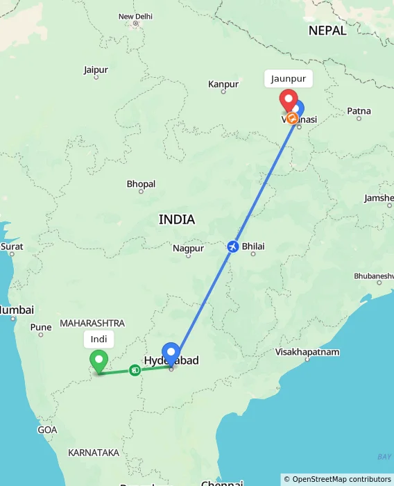 Route map showing distance and travel time from Indi, India to Jaunpur, India