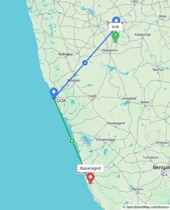 Route map showing distance and travel time from Indi, India to Kasaragod, India