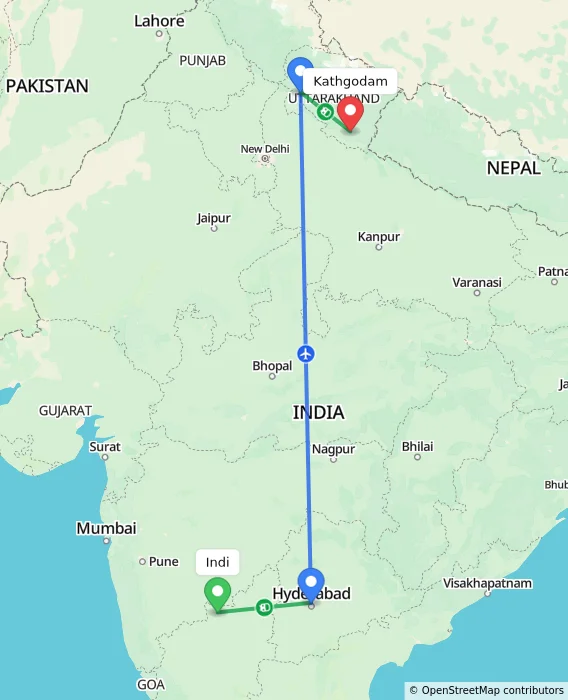 Route map showing distance and travel time from Indi, India to Kathgodam, India