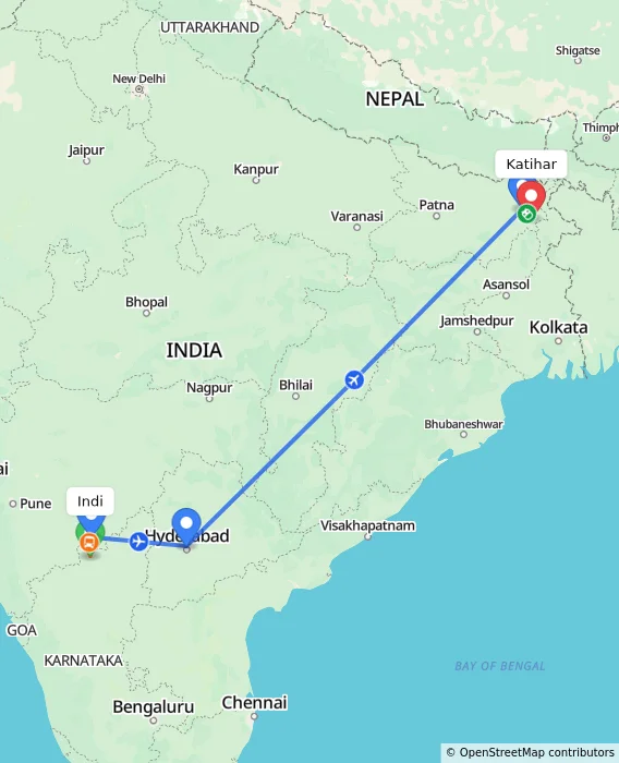 Route map showing distance and travel time from Indi, India to Katihar, India