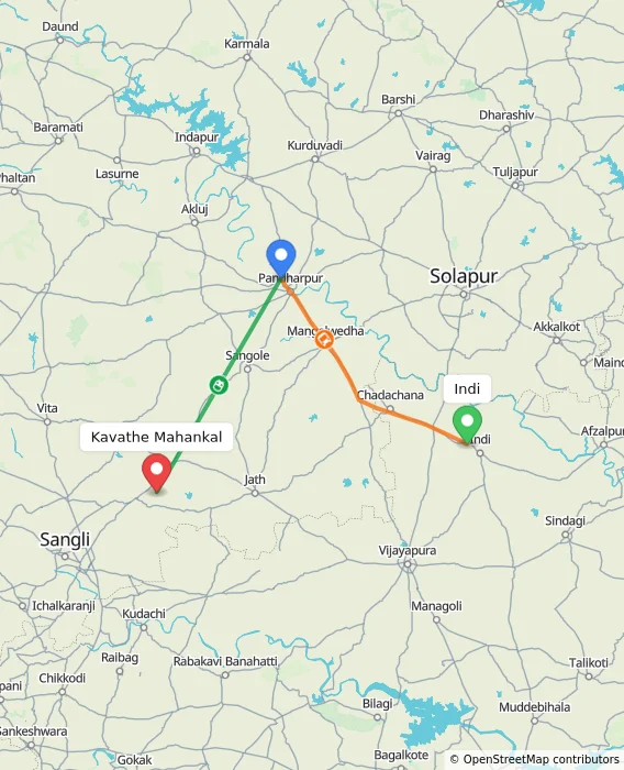 Route map showing distance and travel time from Indi, India to Kavathe Mahankal, India