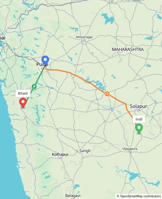 Route map showing distance and travel time from Indi, India to Khed, India