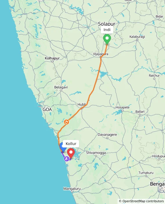 Route map showing distance and travel time from Indi, India to Kollur, India