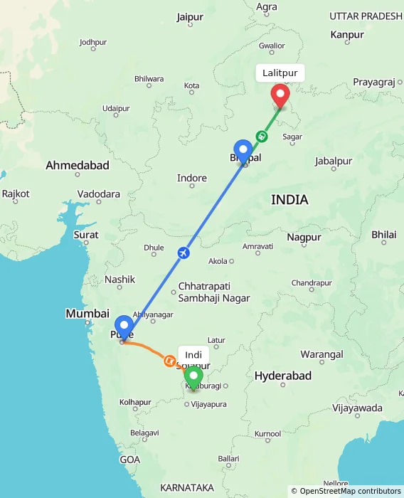 Route map showing distance and travel time from Indi, India to Lalitpur, India