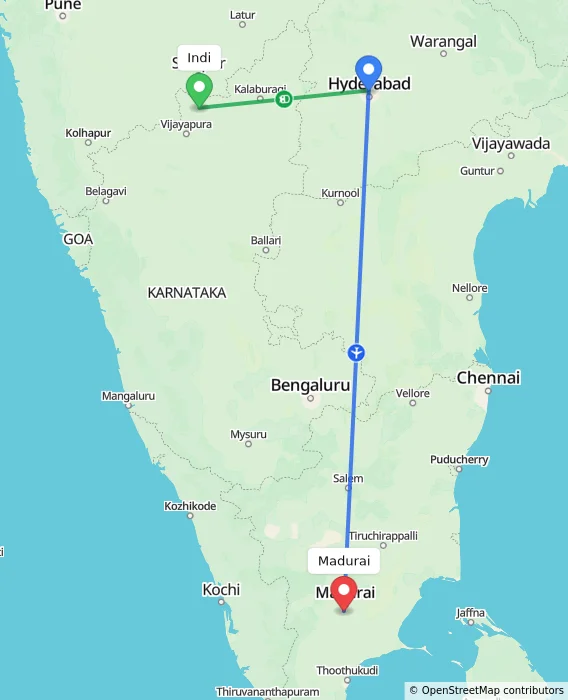 Route map showing distance and travel time from Indi, India to Madurai, India