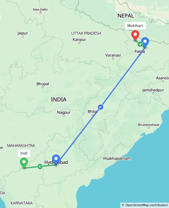 Route map showing distance and travel time from Indi, India to Motihari, India