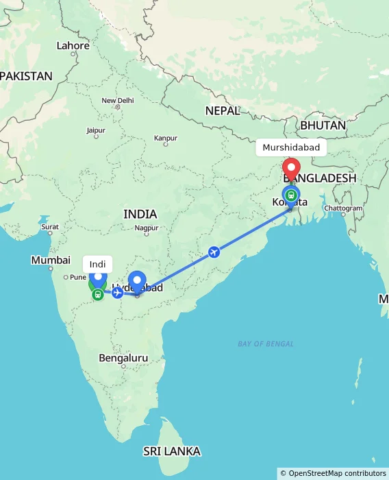 Route map showing distance and travel time from Indi, India to Murshidabad, India