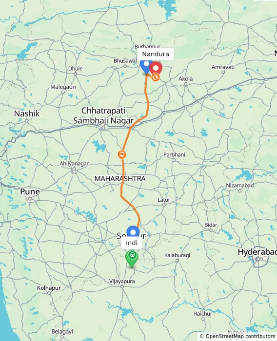 Route map showing distance and travel time from Indi, India to Nandura, India