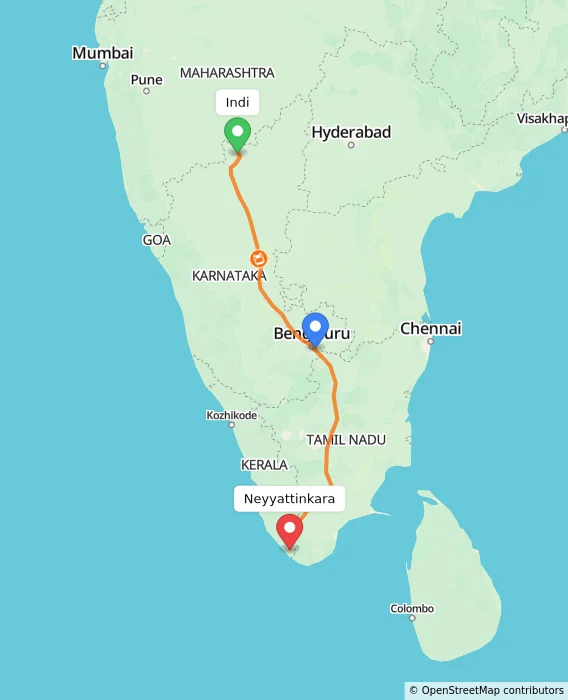 Route map showing distance and travel time from Indi, India to Neyyattinkara, India