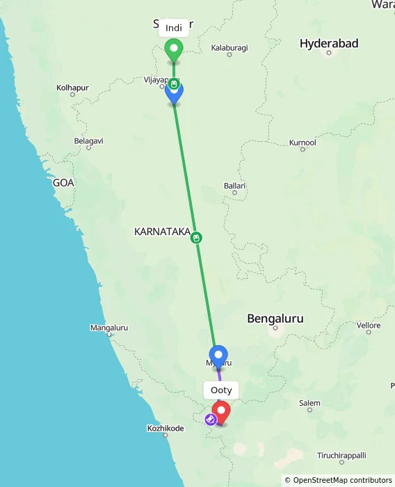 Route map showing distance and travel time from Indi, India to Ooty, India