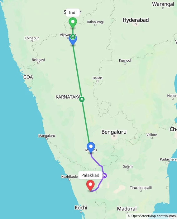 Route map showing distance and travel time from Indi, India to Palakkad, India