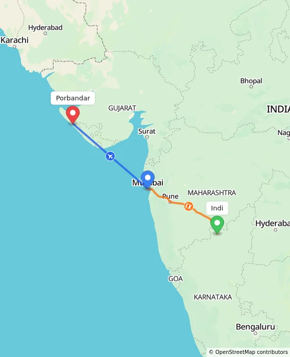 Route map showing distance and travel time from Indi, India to Porbandar, India
