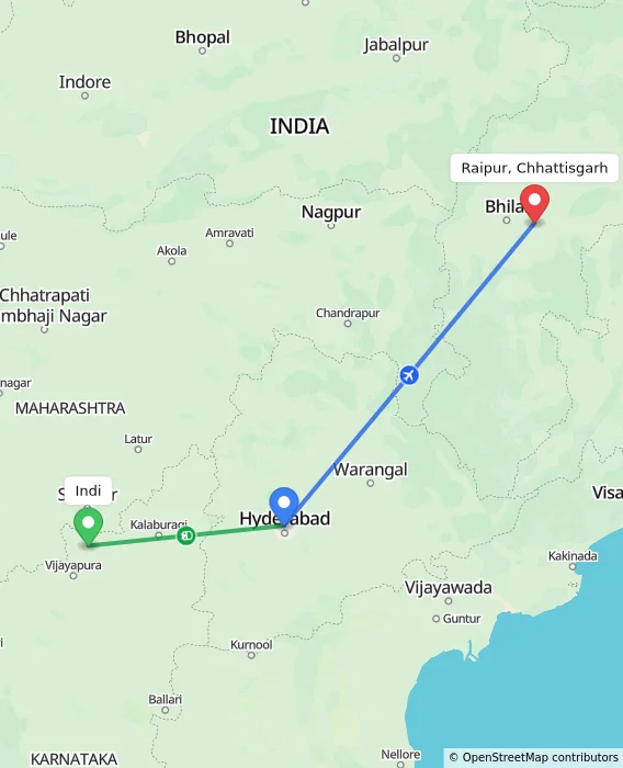 Route map showing distance and travel time from Indi, India to Raipur, Chhattisgarh, India