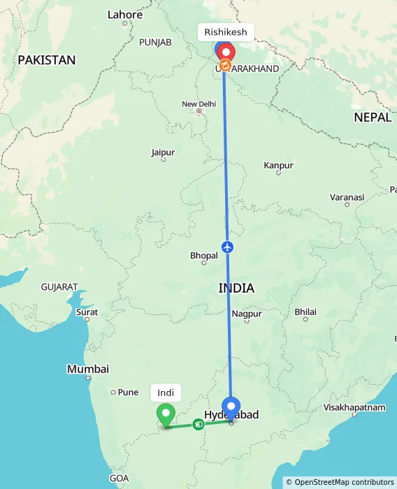 Route map showing distance and travel time from Indi, India to Rishikesh, India