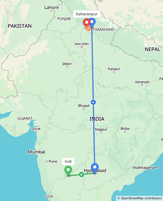 Route map showing distance and travel time from Indi, India to Saharanpur, India