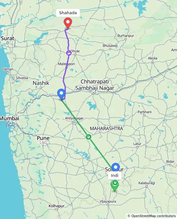 Route map showing distance and travel time from Indi, India to Shahada, India
