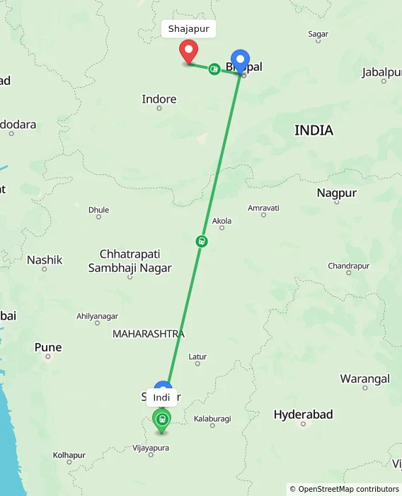 Route map showing distance and travel time from Indi, India to Shajapur, India